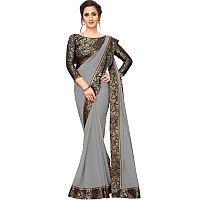 Online Bazaar Womens Jacquard Georgette Saree With Un-stitched Blouse (2279_Grey & Blue)