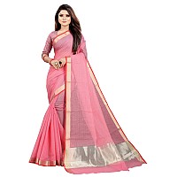 Indian Fashionista Womens Plain Weave Cotton Blend Saree With Blouse Piece And Gold Border (Free Size_ Pink)