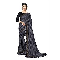 FAB DADU Womens Imported Silk Fancy Frill Ruffle Grey Saree With Blouse Piece (SR-10137-Grey)