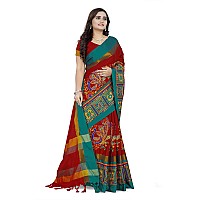 arriva fab Womens Cotton Silk Heavy Kutchi Work with Peacock Design Embroidered Saree (Riva732_, Red)