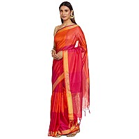 OM SAI LATEST CREATION Womens Soft Cotton Silk Plain line Saree with Blouse Piece-Free Size (Orange) (Pink)