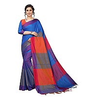 OM SAI LATEST CREATION Womens Soft Cotton Silk Plain line Saree with Blouse Piece-Free Size (Orange) (Blue)