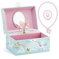 RR ROUND RICH DESIGN Musical Jewelry Glitter Storage Box and Jewelry Set for Little Girls with Spinning Unicorn and Rainbow Bl