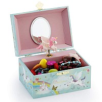 RR ROUND RICH DESIGN Musical Jewelry Glitter Storage Box and Jewelry Set for Little Girls with Spinning Unicorn and Rainbow Bl