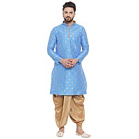 Larwa Mens Ethnic Loop Button Ganesh Print Kurta Dhoti Set Firozi 40