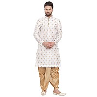 Larwa Mens Ethnic Loop Button Ganesh Print Kurta Dhoti Set White 38