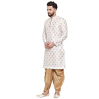 Larwa Mens Ethnic Loop Button Ganesh Print Kurta Dhoti Set White 38