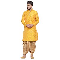 Larwa Ethnic Loop Button Ganesh Print Kurta Dhoti Set Yellowsize40