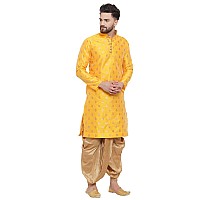 Larwa Ethnic Loop Button Ganesh Print Kurta Dhoti Set Yellowsize40