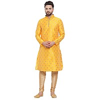 Larwa Mens Silk Kurta With Pyjama Set Yellow Ganesh Jacq K Gold Pyj Lupbyellow42