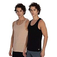 Damensch Mens Neoskin Antimicrobial Slub Vest Antiodorbamboo Rayon Fabric Round Neck Pack Of 2 Natural Black Breezy Beig