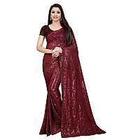 Florely Womens Pure Georgette sequence saree with unstiched blouse piece(Free size) (Marron)