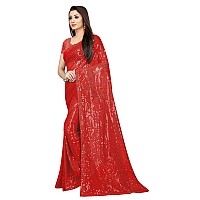 Florely Womens Pure Georgette sequence saree with unstiched blouse piece(Free size) (Red)