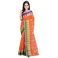 RAJ SAREE HOUSE Womens Traditional Pure Cotton Bengali Handloom Tant Saree without Blouse Piece - (Orange)