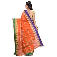 RAJ SAREE HOUSE Womens Traditional Pure Cotton Bengali Handloom Tant Saree without Blouse Piece - (Orange)