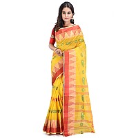 RAJ SAREE HOUSE Womens Traditional Pure Cotton Bengali Handloom Tant Saree without Blouse Piece - (Yellow)