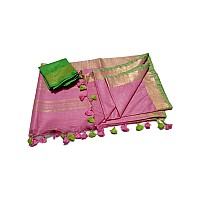 STBSILK TEXTILES BHAGALPUR Womens Linen Slub Saree With Unstitched Contrast Blouse Piece