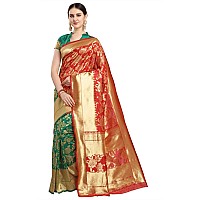 EthnicJunction Womens Woven Banarasi Silk Blend Floral Half and Half Saree With Blouse Piece EJ60055001RoseRed Green