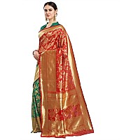 EthnicJunction Womens Woven Banarasi Silk Blend Floral Half and Half Saree With Blouse Piece EJ60055001RoseRed Green