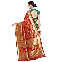 EthnicJunction Womens Woven Banarasi Silk Blend Floral Half and Half Saree With Blouse Piece EJ60055001RoseRed Green