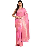 SILK LAND Womens Cotton Kota Silk Golden Zari Saree With Unstitched Blouse Piece(Pink)