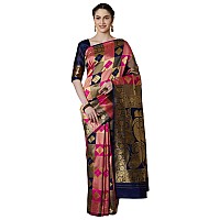 AKHILAM Womens Woven Design Banarsi Silk Saree With Unstitched Blouse Piece (Navy Blue & Pink_GRM6302_QL)