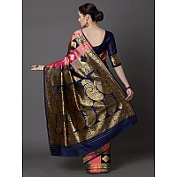 AKHILAM Womens Woven Design Banarsi Silk Saree With Unstitched Blouse Piece (Navy Blue & Pink_GRM6302_QL)