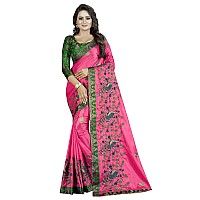 Shreeji Designer Womens Paper Silk Ari Embroidery Work Saree With Jacquard Lace Blouse Piece SD-2235 (Pink Green)