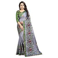 Shreeji Designer Womens Paper Silk Ari Embroidery Work Saree With Jacquard Lace Blouse Piece SD-2235 (Grey Green)