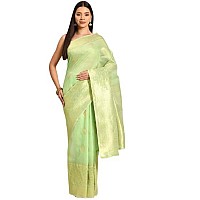 SILK LAND Womens Cotton Kota Silk Gold Copper Zari Saree With Unstitched Blouse Piece(Green)