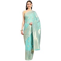 SILK LAND Womens Cotton Kota Silk Gold Copper Zari Saree With Unstitched Blouse Piece(Blue)