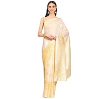 SILK LAND Womens Cotton Kota Silk Gold Copper Zari Saree With Unstitched Blouse Piece(White)