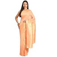 SILK LAND Womens Cotton Kota Silk Gold Copper Zari Saree With Unstitched Blouse Piece(Peach)