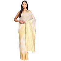 SILK LAND Womens Cotton Kota Silk Golden Zari Saree With Unstitched Blouse Piece(White)