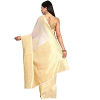 SILK LAND Womens Cotton Kota Silk Golden Zari Saree With Unstitched Blouse Piece(White)