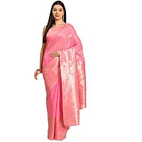 SILK LAND Womens Cotton Kota Silk Gold Copper Zari Saree With Unstitched Blouse Piece(Pink)