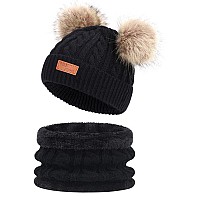 Actlati Kids Winter Hat Scarf Set Knitted Hat Neck Warmer With Removable Pom Pom For 14 Years Children Boys Girls Black Set