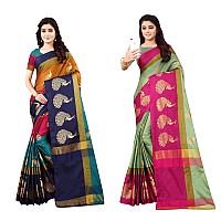 DHRUVI TRENDZ Womens Banarasi Cotton Blend Saree (DT-S1337&S149_Black Pista Green)