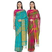 DHRUVI TRENDZ Womens Kanchipuram Cotton & Silk Saree With Blouse Piece (Dt-S1115&S1204_Multi & Rama Green)