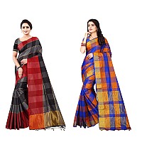 DHRUVI TRENDZ Womens Kanchipuram Cotton & Silk Saree With Blouse Piece (Dt-S1107&S1300_Dark Blue & Black)