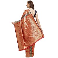 AKHILAM Womens Silk Blend Saree with Unstitched Blouse Piece(HSA270) (Navy Blue & Red)