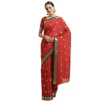 AKHILAM Womens Woven Border Georgette Saree With Unstitched Blouse Piece(Red_IYAT5301)