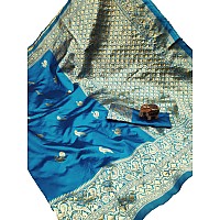 Blue Wish Women Plain Weave Silk Saree With Unstitched Blouse Piece (Silver Stone Mirror_Sky Blue)