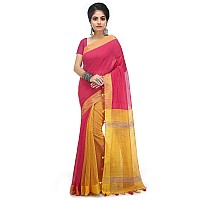 BENGAL HANDLOOM Womens Cotton Silk Stripe Saree with Blouse Piece Red and Yellow