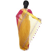 BENGAL HANDLOOM Womens Cotton Silk Stripe Saree with Blouse Piece Red and Yellow