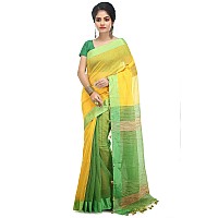 BENGAL HANDLOOM Womens Cotton Art Silk Stripe Saree with Blouse Piece Yellow and Green