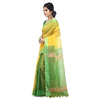 BENGAL HANDLOOM Womens Cotton Art Silk Stripe Saree with Blouse Piece Yellow and Green