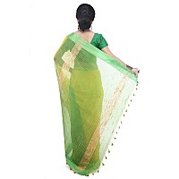 BENGAL HANDLOOM Womens Cotton Art Silk Stripe Saree with Blouse Piece Yellow and Green