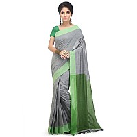 BENGAL HANDLOOM Womens Pure Premium Cotton Pallu Saree With Attached Blouse Piece (Color- Grey And Green)