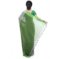 BENGAL HANDLOOM Womens Pure Premium Cotton Pallu Saree With Attached Blouse Piece (Color- Grey And Green)